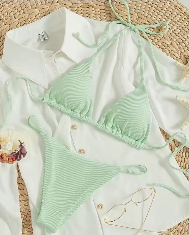 Naira Tie-Side Triangle Bikini Set — Ribbed Two-Piece Swimsuit