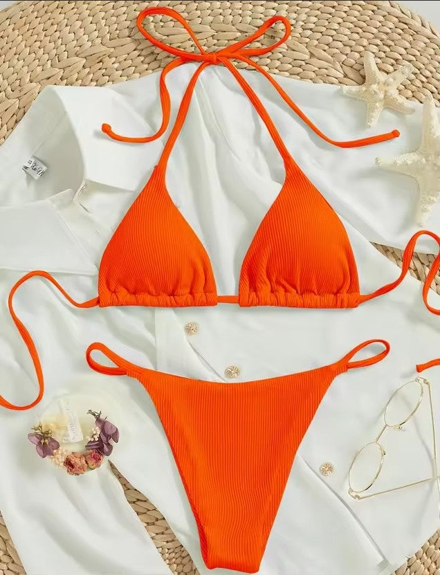 Naira Tie-Side Triangle Bikini Set — Ribbed Two-Piece Swimsuit