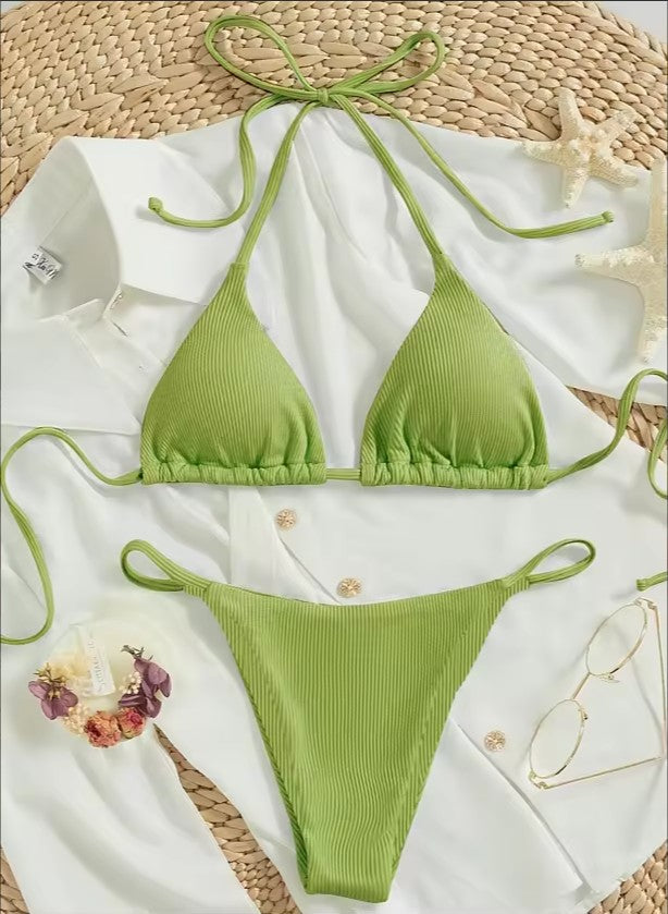Naira Tie-Side Triangle Bikini Set — Ribbed Two-Piece Swimsuit
