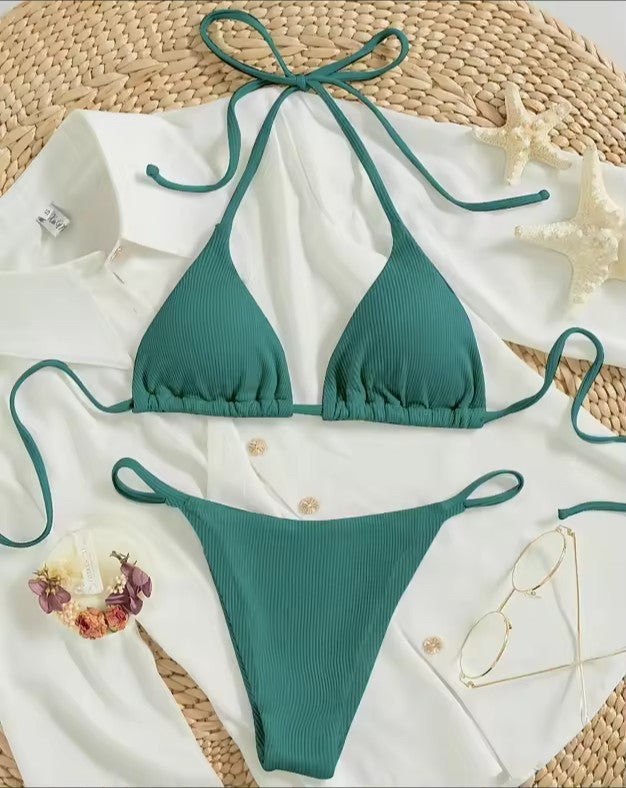Naira Tie-Side Triangle Bikini Set — Ribbed Two-Piece Swimsuit