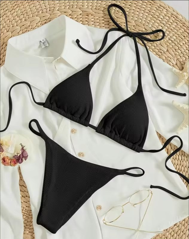 Naira Tie-Side Triangle Bikini Set — Ribbed Two-Piece Swimsuit