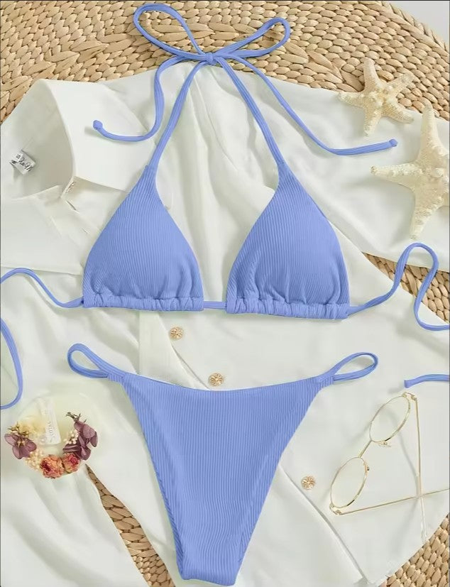 Naira Tie-Side Triangle Bikini Set — Ribbed Two-Piece Swimsuit