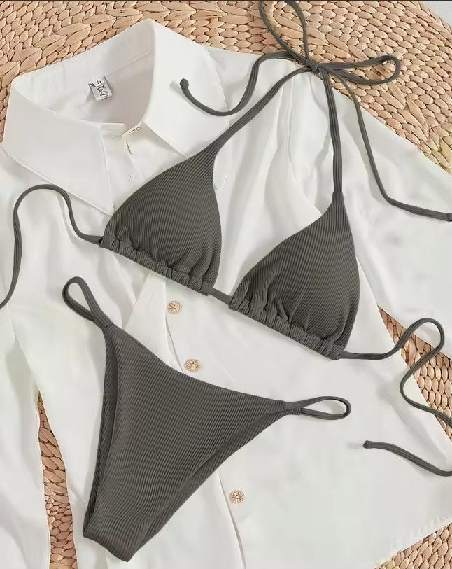 Naira Tie-Side Triangle Bikini Set — Ribbed Two-Piece Swimsuit