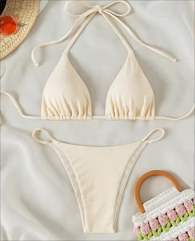 Naira Tie-Side Triangle Bikini Set — Ribbed Two-Piece Swimsuit