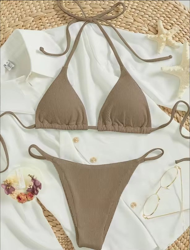 Naira Tie-Side Triangle Bikini Set — Ribbed Two-Piece Swimsuit