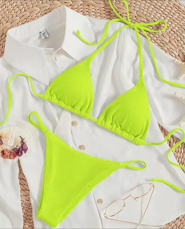 Naira Tie-Side Triangle Bikini Set — Ribbed Two-Piece Swimsuit