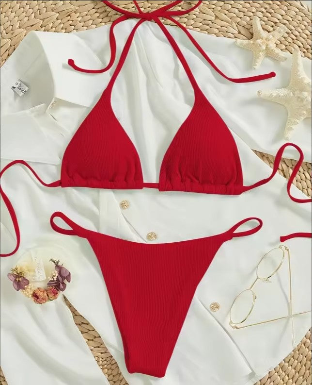 Naira Tie-Side Triangle Bikini Set — Ribbed Two-Piece Swimsuit
