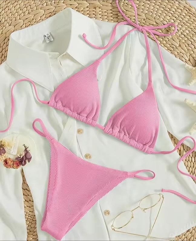 Naira Tie-Side Triangle Bikini Set — Ribbed Two-Piece Swimsuit