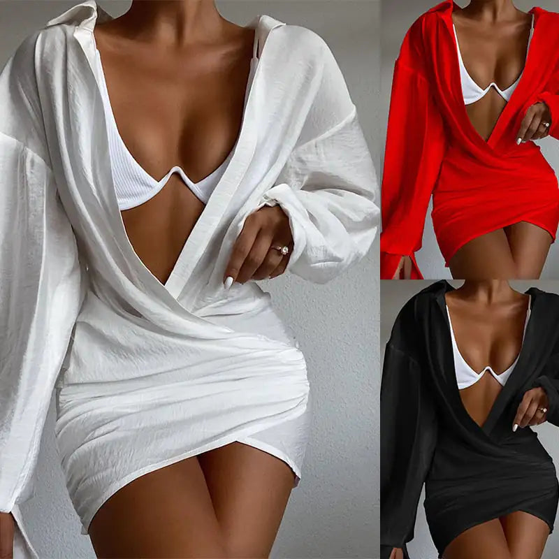 Elegant Deep V-Neck Long Sleeve Mini Dress - Solid Color
